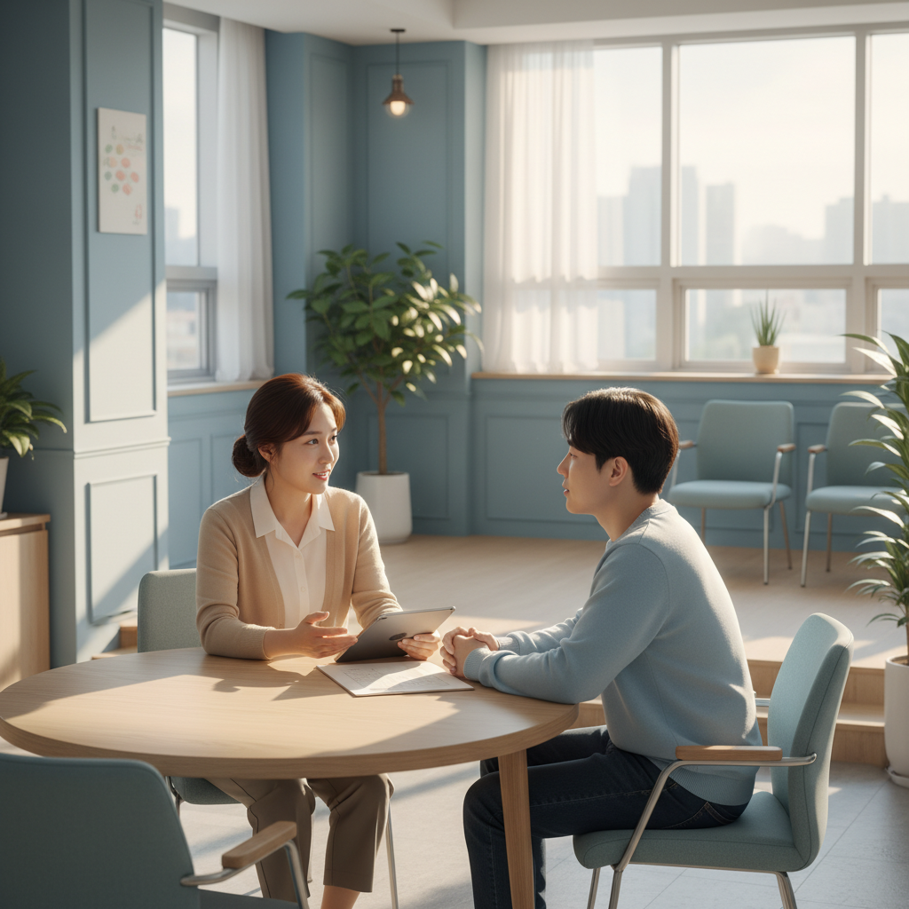 Compassionate consultation scene between Korean social worker and person with disability in comfortable meeting room, warm natural lighting, supportive atmosphere, both people showing engaged expressions, modern accessible office space with soft blue and beige tones, no text in image