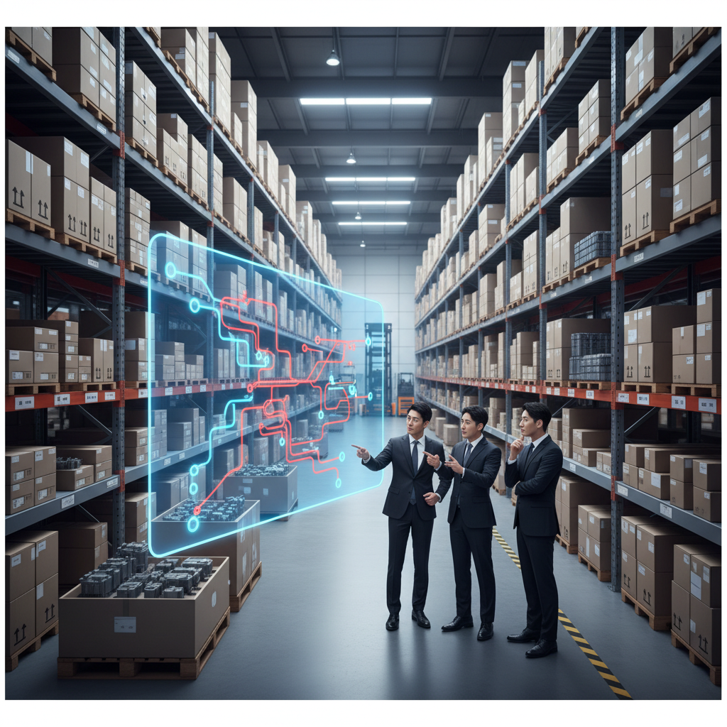 A spacious, modern warehouse filled with neatly stacked boxes and components, with a few Korean business people in suits discussing strategy, showing the challenge of managing inventory amid supply chain issues. Style: clean infographic, modern layout, high contrast. No visible text in image.