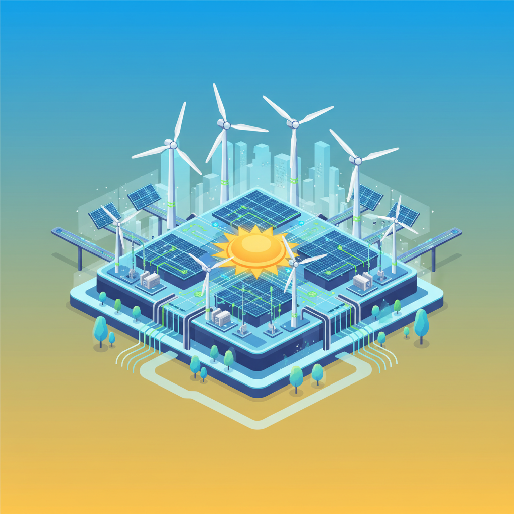 A modern renewable energy power plant (solar or wind farm) in a developing country, showcasing rapid expansion and technological advancements. The image should convey progress and hope. Style: clean infographic, modern layout, high contrast, colored background, no visible text in image, no korean characters, centered focus.