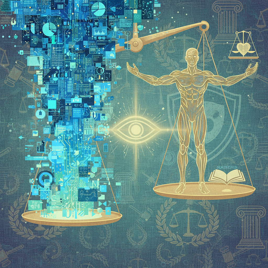 A symbolic illustration depicting a scale of justice with one side heavily weighted by digital information, while a human figure stands protectively over the other side. The background features subtle, abstract legal motifs. Style: artistic rendering, textured background, bright and balanced lighting. No text.