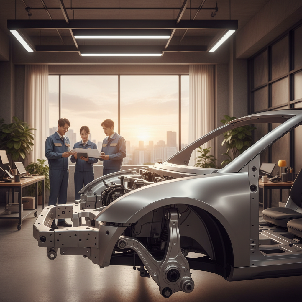 A clean, modern lifestyle image featuring gleaming, newly manufactured automotive parts made from recycled aluminum, subtly showcasing their integration into a car's chassis. The background is a warm, industrial setting. Bright, balanced lighting. No visible text. Korean appearance.