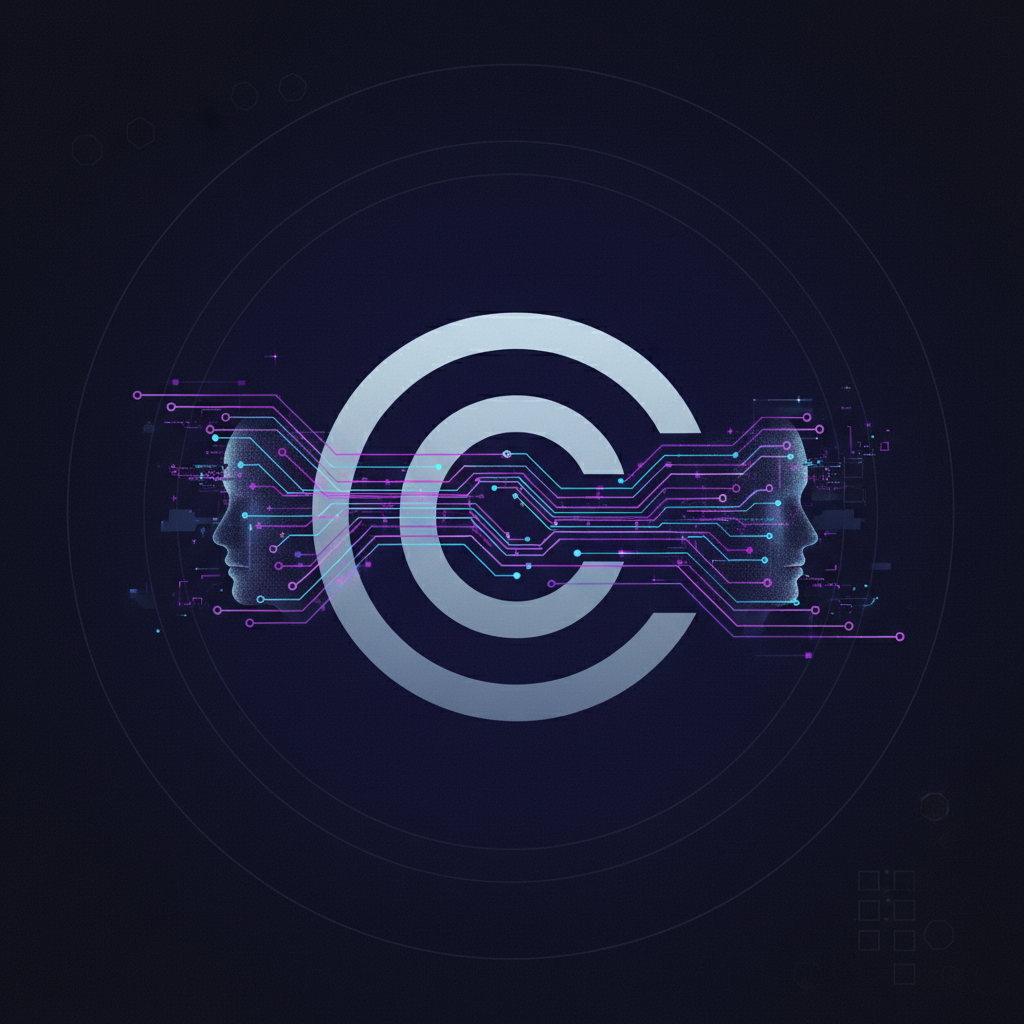 An abstract, conceptual illustration representing digital ethics, copyright, and deepfake concerns. It features a stylized copyright symbol intertwined with subtle, glowing patterns that evoke AI and digital manipulation, set against a dark, thoughtful background. Style: minimalist, symbolic illustration with a slightly serious tone. No text in image.