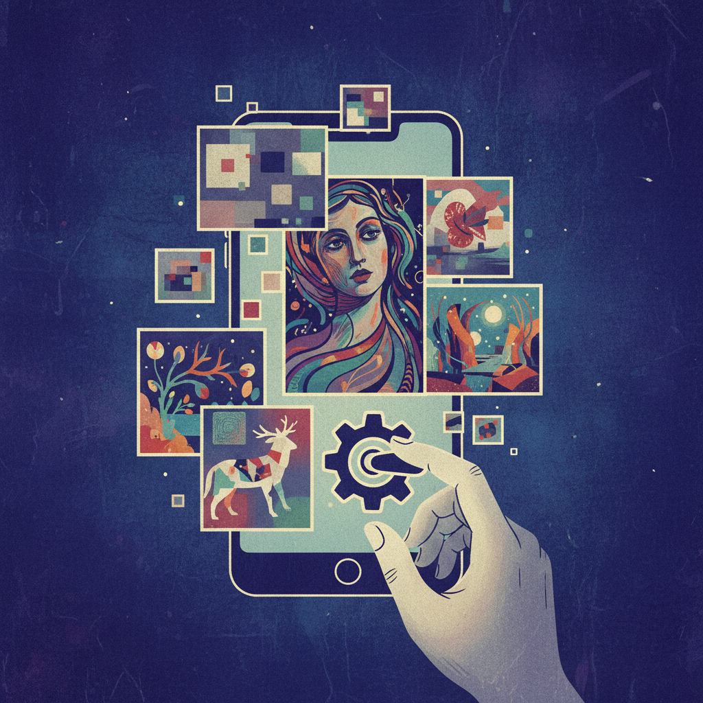 An artistic rendering of a cluttered digital feed with some low-quality, abstract AI-generated content mixed with more creative pieces. A user's hand is subtly reaching to a setting dial on a smartphone screen, indicating control. Style: illustration with textured background and high contrast. No visible text.