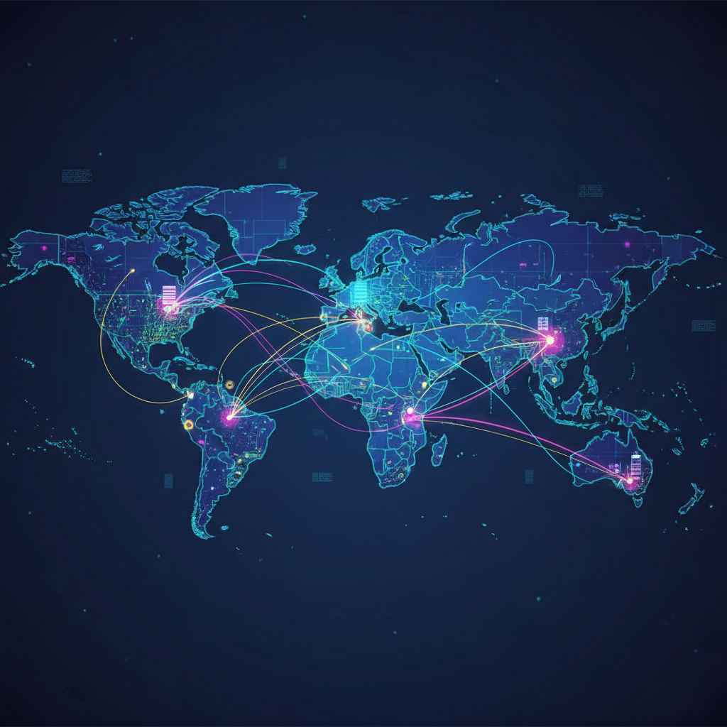 An artistic infographic showing a global map with various connection points and lines, symbolizing OpenAI's diverse partnerships for data centers and chipmakers across different regions. The style is modern and abstract. No text in image.
