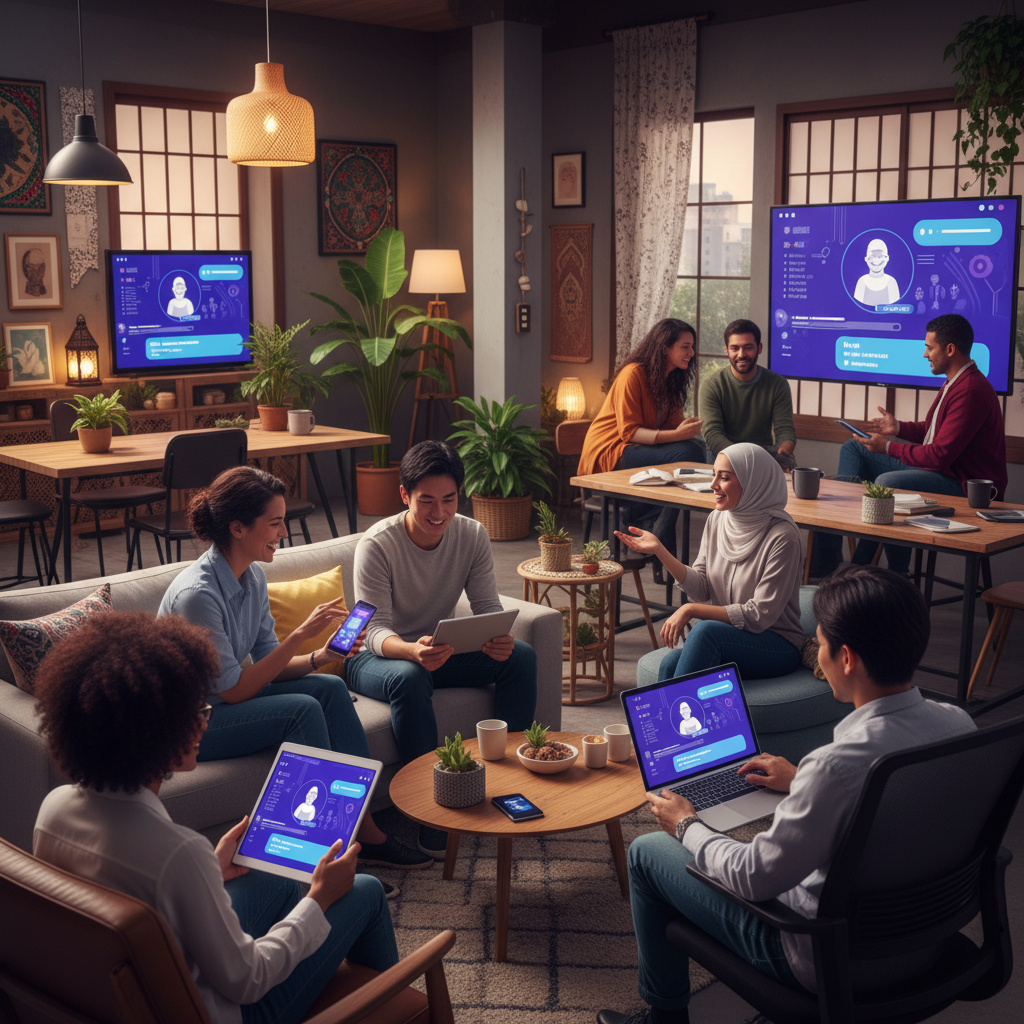 Diverse group of people from different countries using AI chatbot on various devices, vibrant multicultural setting with warm lighting, modern office and home environments blended, natural interaction scenes, lifestyle photography style, rich colors with purple and blue tones, inclusive atmosphere, no text in image