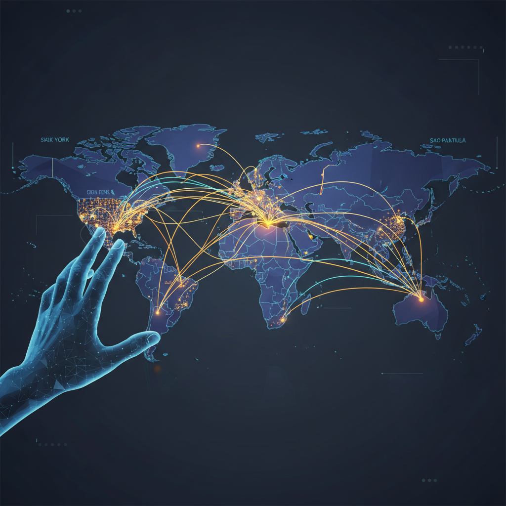 A stylized world map with glowing flight paths connecting various cities, indicating global expansion of an AI flight deals tool. A hand reaches out as if interacting with the map. Clean infographic style, modern layout, high contrast. No visible text.