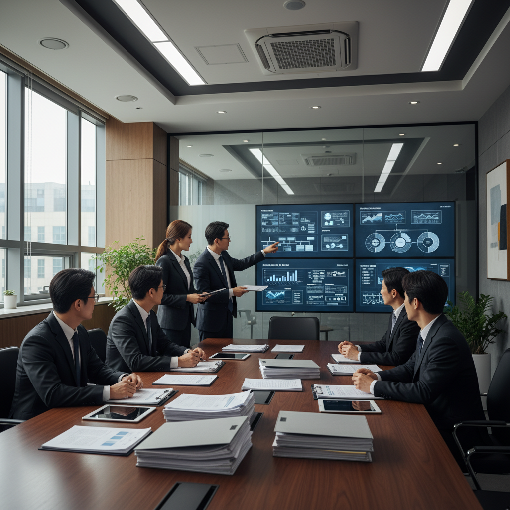 Corporate legal team meeting room with documents and digital screens showing copyright analysis, professional business atmosphere, modern office interior with natural window light, photorealistic Korean professionals, no text in image