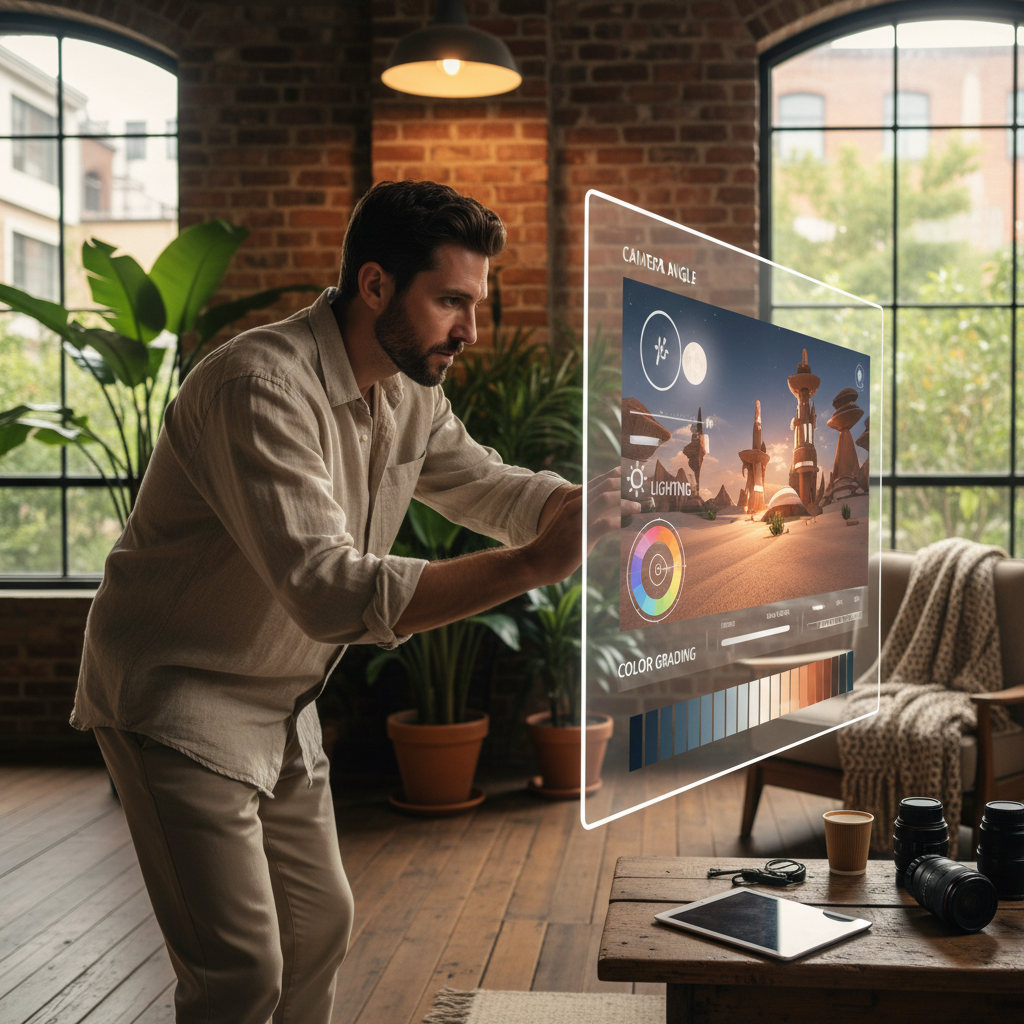 A professional photographer or graphic designer in a modern studio, precisely adjusting virtual camera angles, lighting, and color grading on a holographic display for an AI-generated image. Focus on intricate controls and a realistic, detailed image being manipulated. Style: lifestyle photography, warm lighting, natural setting. Textured background, no text.