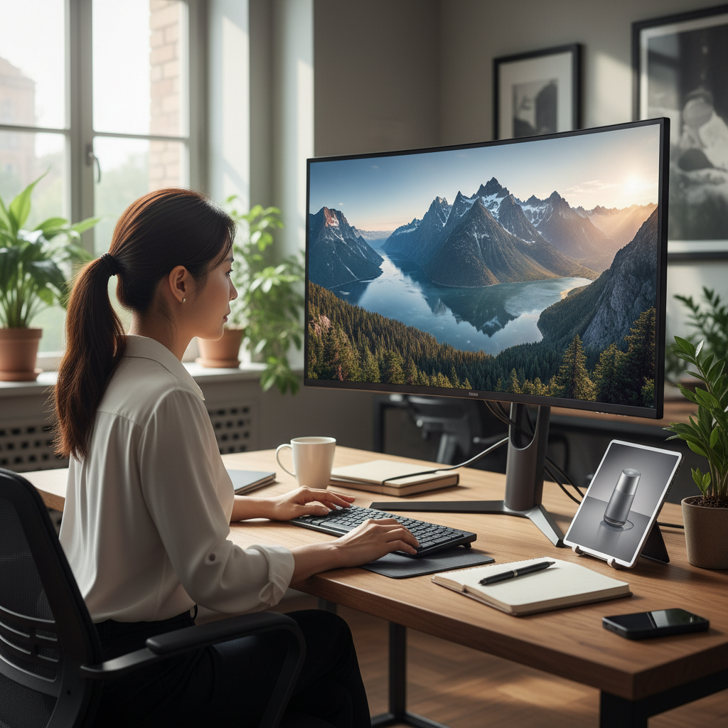 A professional Korean graphic designer working on a high-resolution 4K image on a large monitor, which was generated by AI. The image on the screen is a highly detailed, realistic landscape or product shot. Lifestyle photography, modern office, natural lighting, professional use. No visible text.