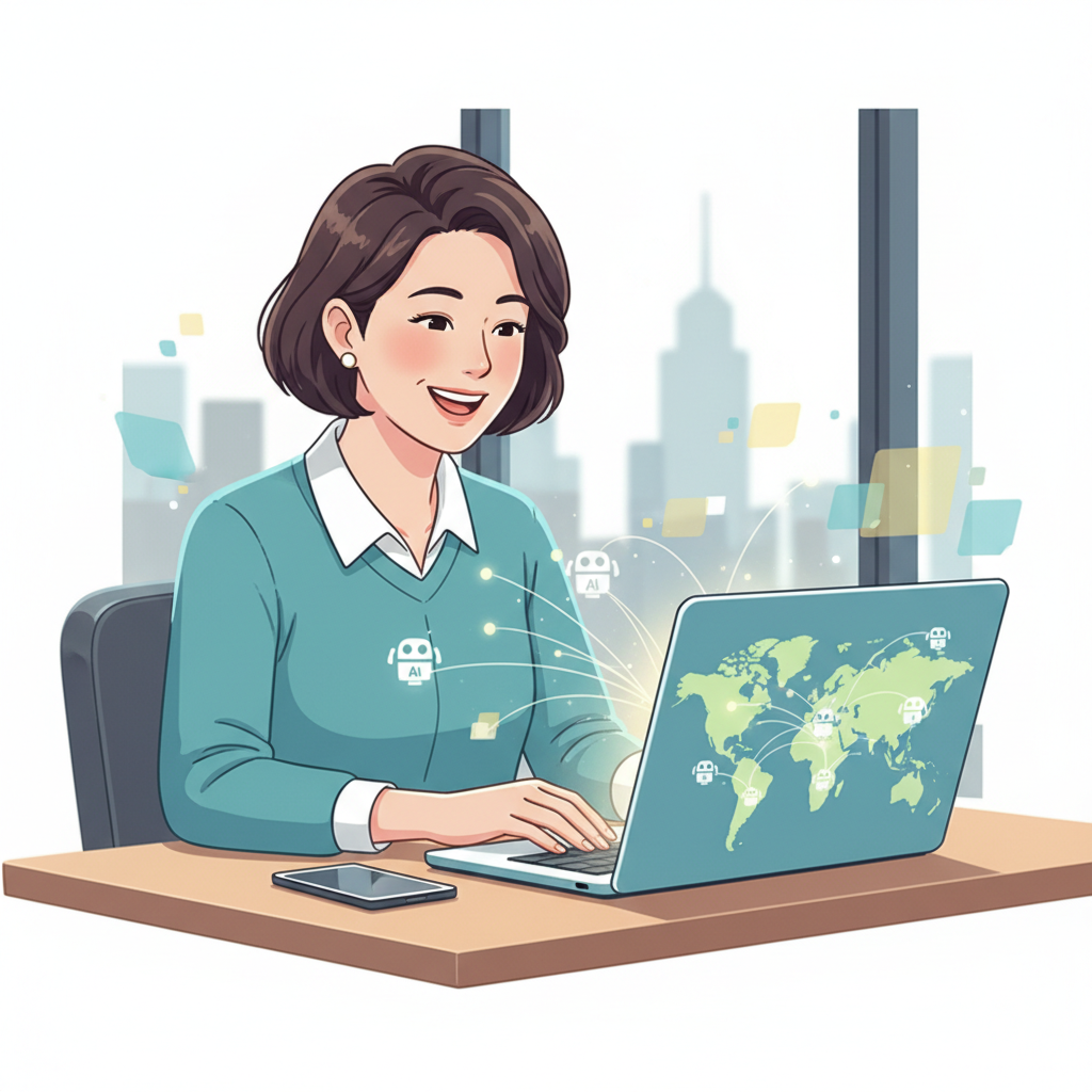 A Korean ebook author smiling, looking at a laptop with a world map on the screen, indicating global reach through AI translation. The scene is bright and optimistic, with a clean infographic style. No text.