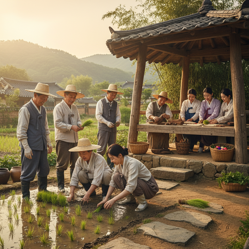 A group of Korean elderly people and younger individuals collaborating to revitalize traditional practices, perhaps a small-scale community garden or a workshop on ancient crafts. Focus on intergenerational knowledge sharing with natural, warm lighting. Style: lifestyle photography, natural setting. No text.
