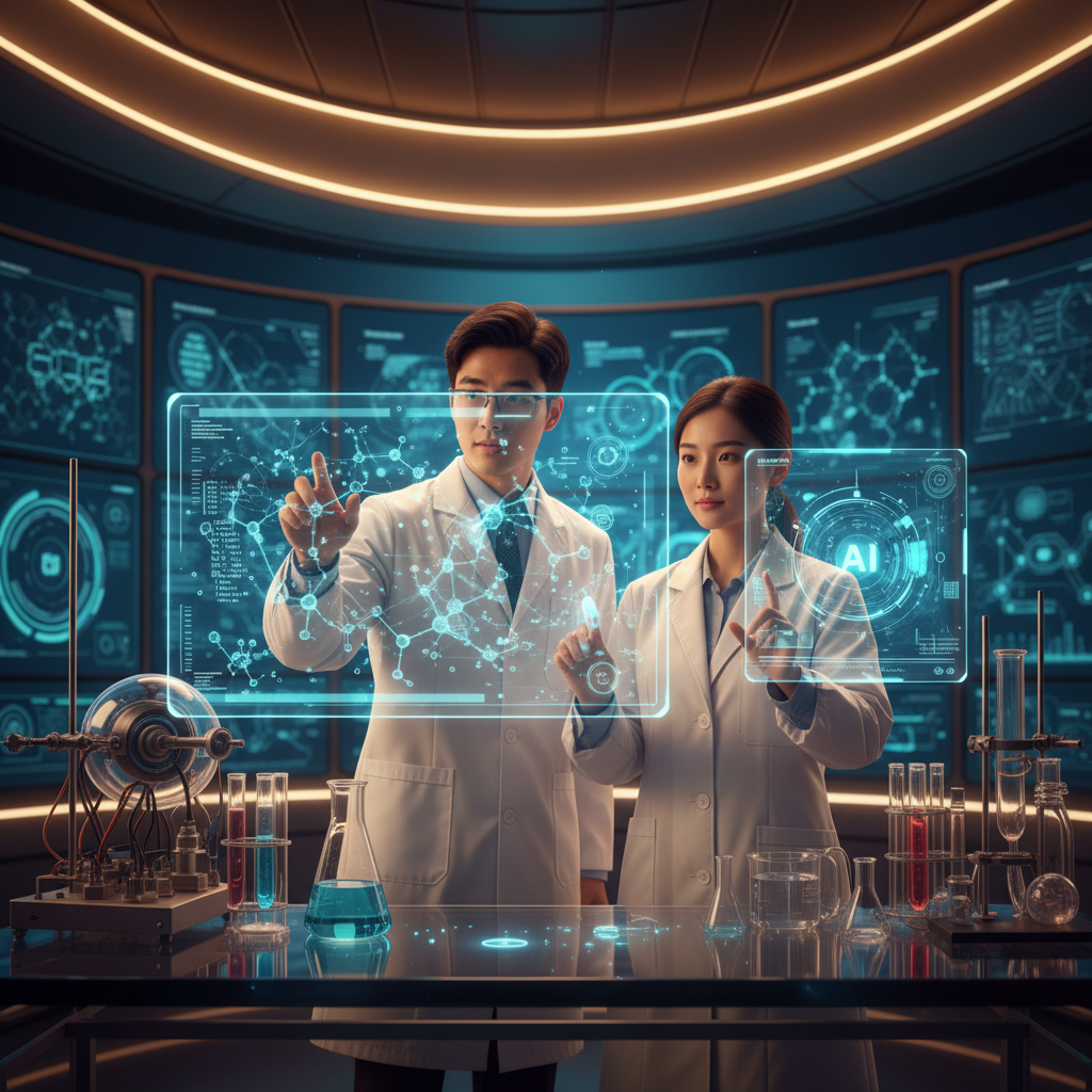 Two young Asian entrepreneurs working together in a modern laboratory setting with futuristic AI interface displays and molecular structures floating in holographic projections, warm lighting, high-tech atmosphere with blue and green tones, detailed lab equipment, colored gradient background, visually rich composition, centered focus, no text