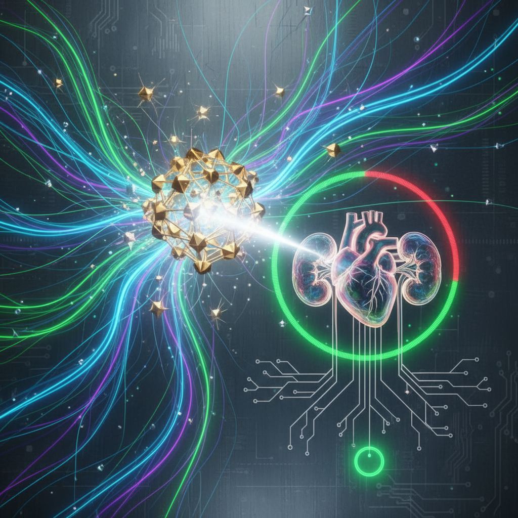 Abstract visualization of complex data being processed by AI, leading to a precise medical decision regarding organ viability. Emphasize data flow and accuracy, vibrant colors, textured background. No text.