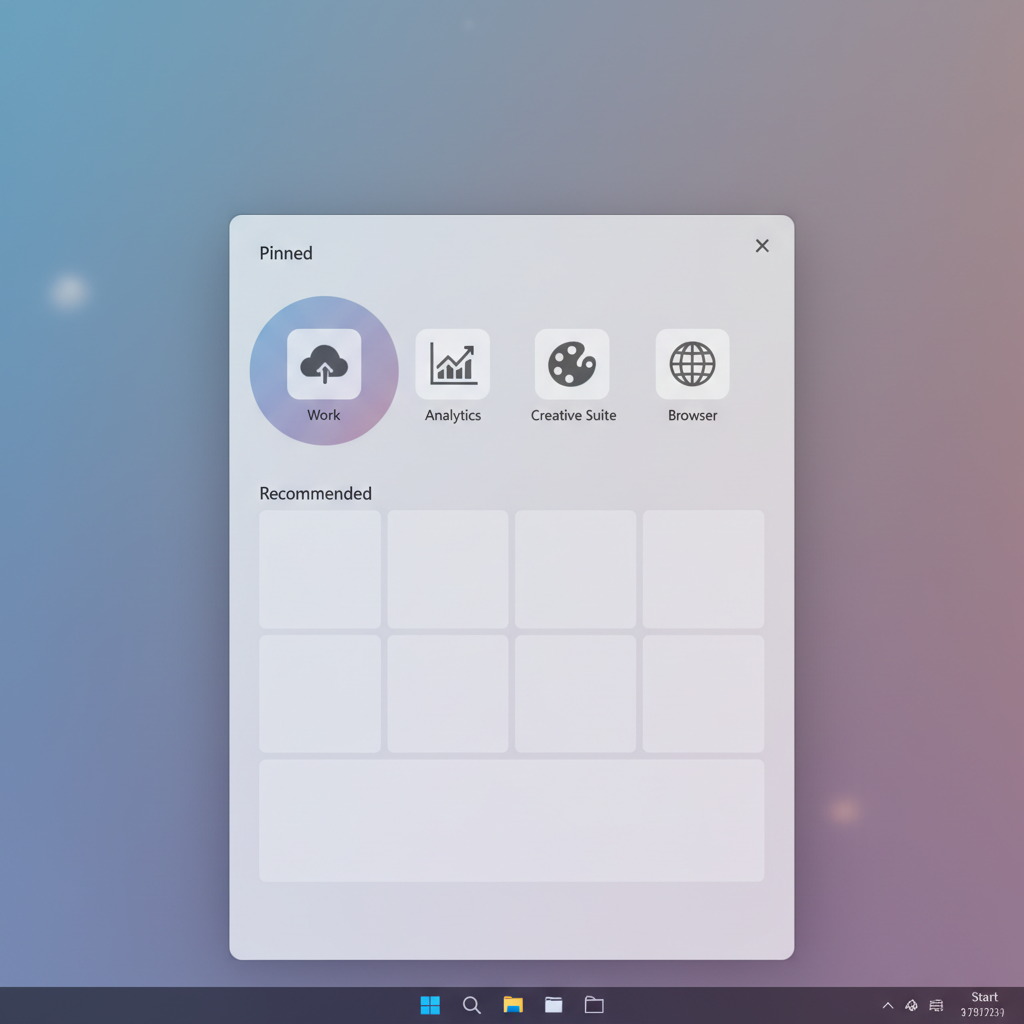 Organized Windows 11 start menu interface with minimal icons and clean layout, modern UI design, soft ambient lighting, clean infographic style, no text in image