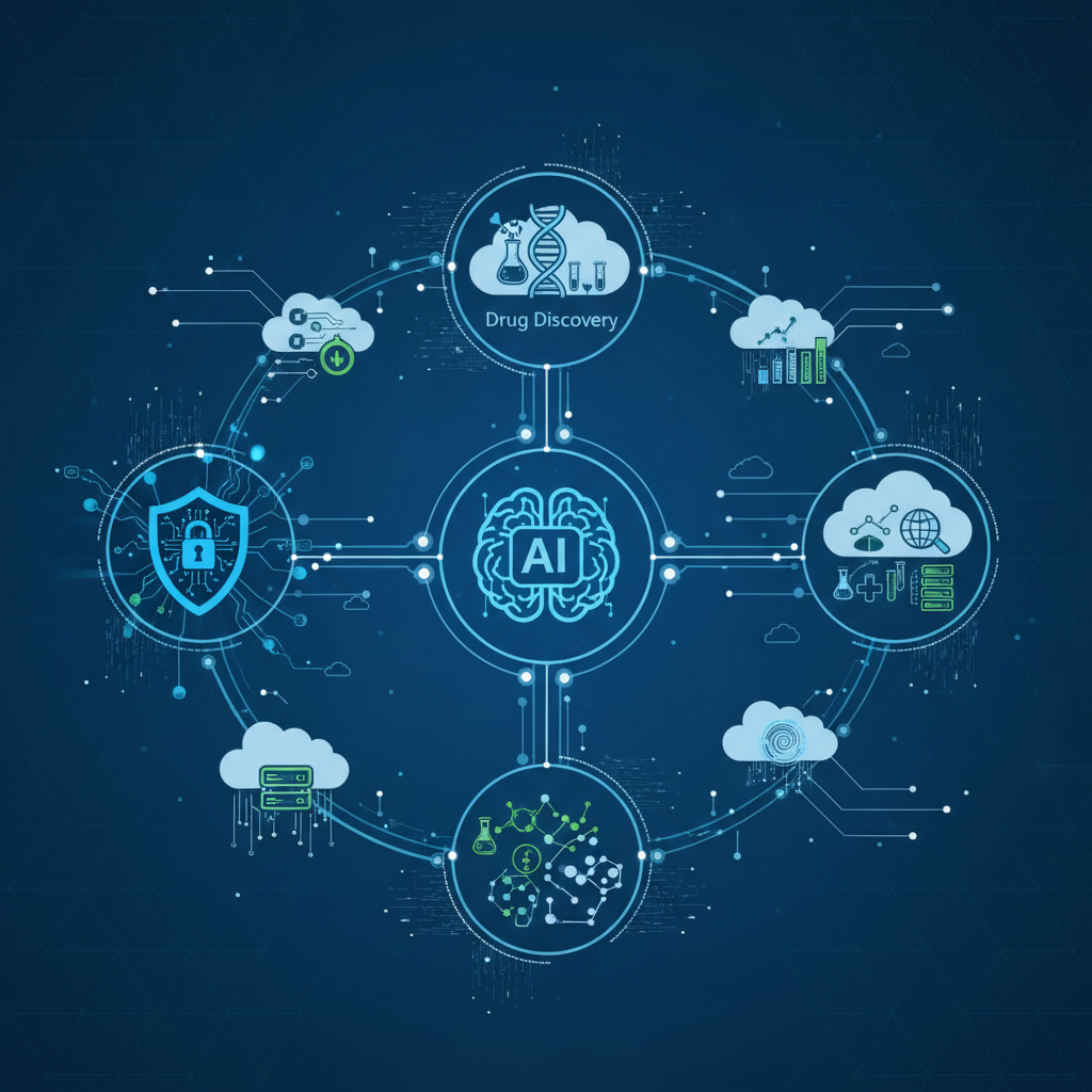 Modern infographic illustrating various government services (like cybersecurity, drug discovery, data analysis) being powered by AI. Show a seamless integration with cloud icons and secure network lines. Clean layout, high contrast, textured background. No visible text.