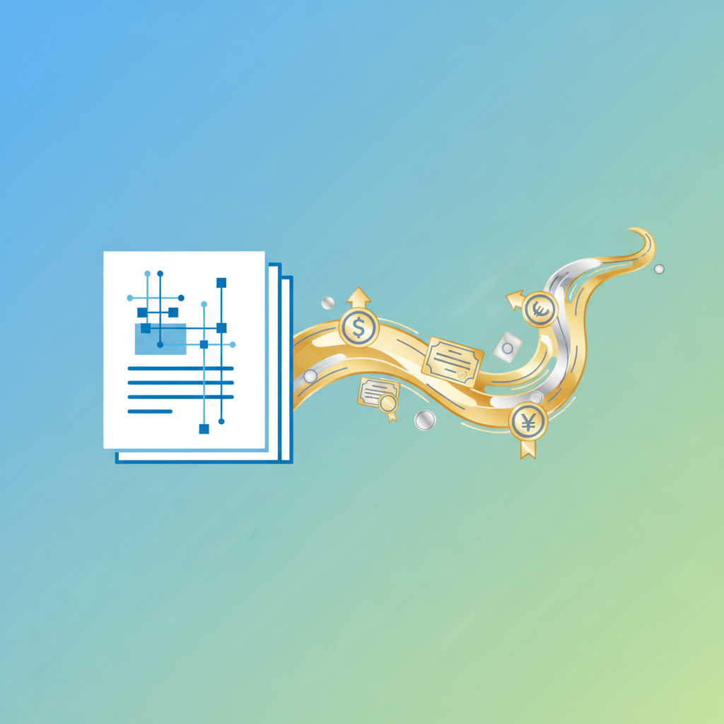 Clean infographic showing a stylized connection between a government budget document and a flowing river of money representing the bond market. The river has subtle wavy lines and symbols of bonds. A subtle gradient background with a modern layout. No visible text in image. No Korean characters.