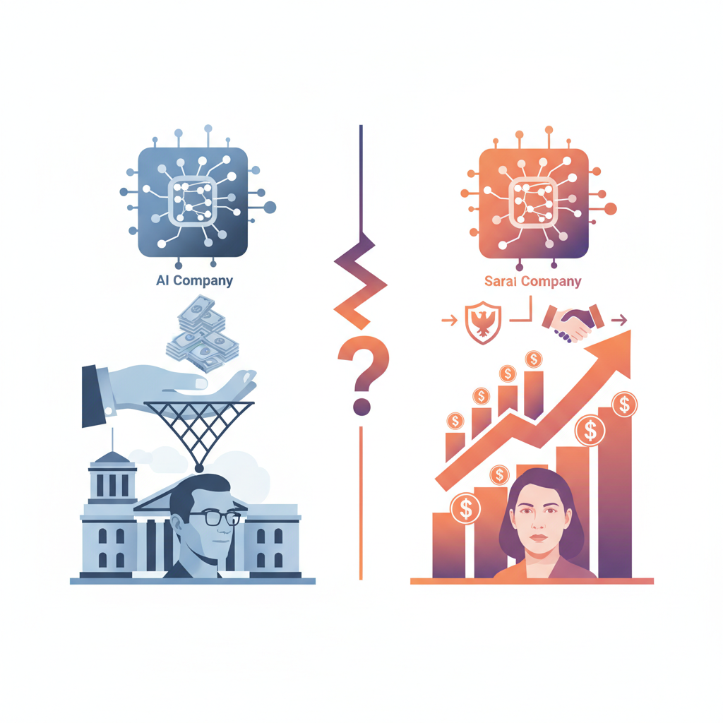 A thought-provoking infographic showing a dilemma between government bailout and private investment for a growing AI company like OpenAI, with a subtle depiction of Sam Altman and Sarah Friar. Clean infographic style, no text in image.