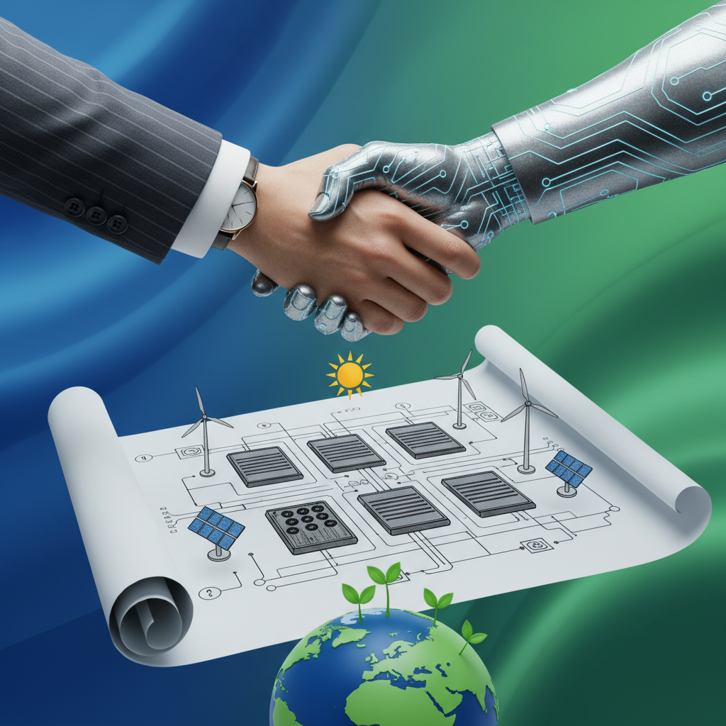 Two hands, one representing a government entity and the other a tech company, shaking hands over a blueprint of an AI data center integrated with renewable energy symbols. The background is a gradient of blue and green, suggesting growth and sustainability. No text.