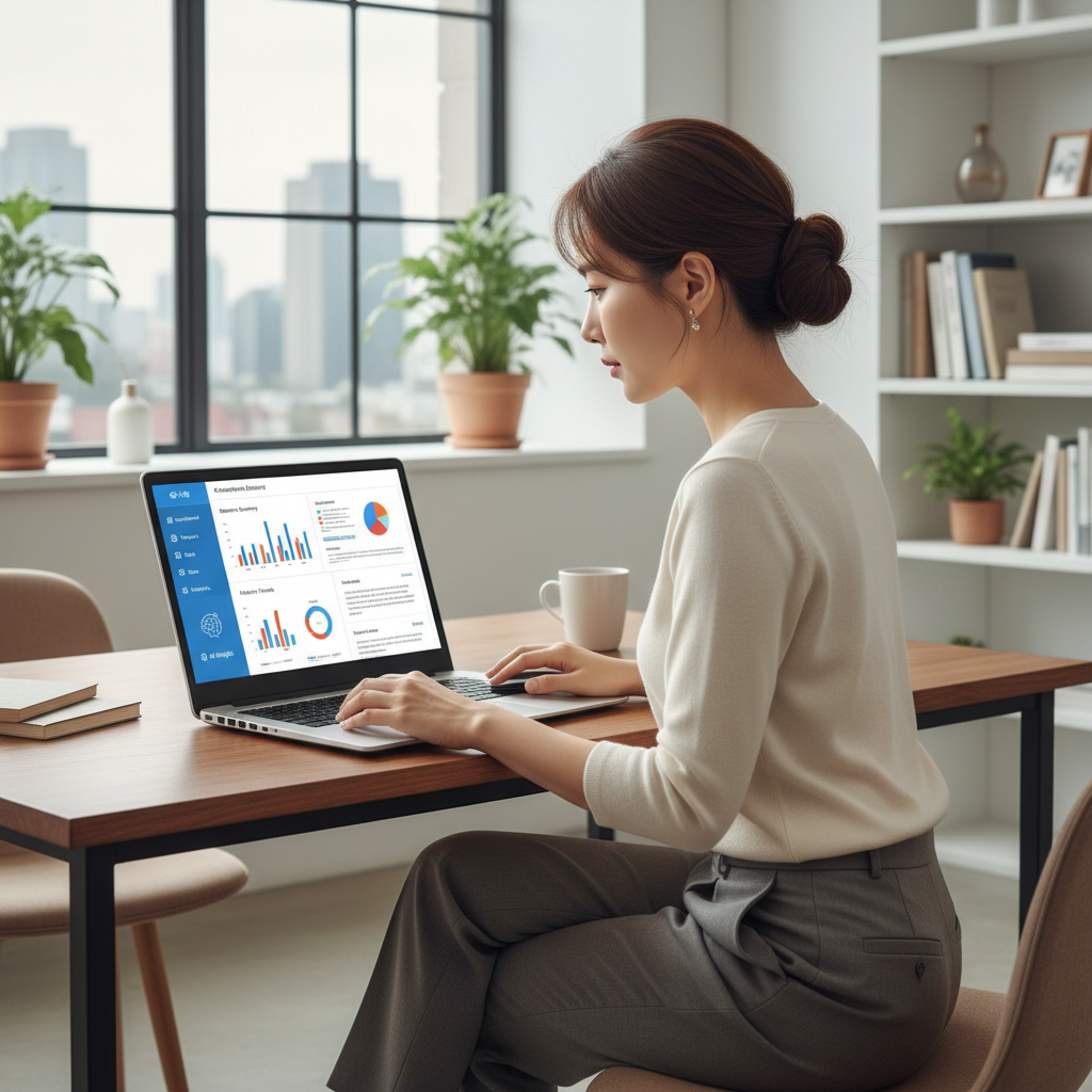 A lifestyle photography scene of a Korean professional using a laptop, showing a screen with an AI-generated research report. The person looks focused and productive, indicating efficient work. Emphasize a user-friendly interface and modern office environment. Natural lighting, no text.