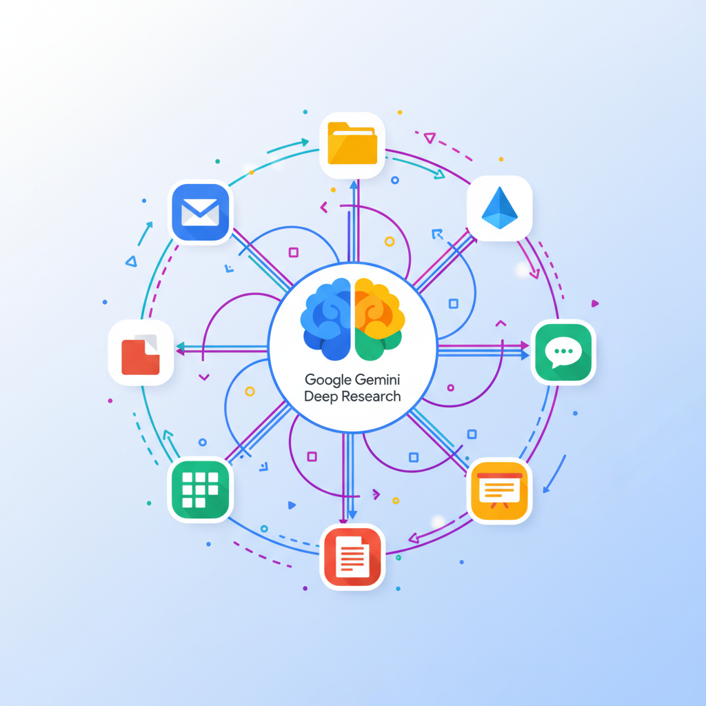 An infographic illustrating the seamless integration of Google Gemini Deep Research with various Google Workspace applications like Gmail, Drive, and Chat. Show data flowing between the AI and different document icons, symbolizing smart analysis and reporting. Clean infographic style, no text, vibrant colors.