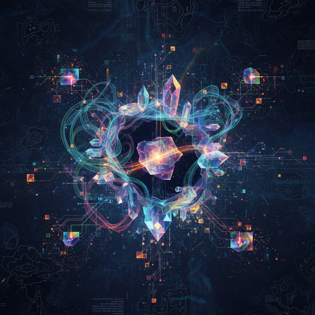 An artistic rendering of Gemini 3 Deepthink’s advanced AI capabilities. Focus on abstract data flow and sophisticated reasoning. Style: futuristic illustration, textured background, vibrant colors. No text.