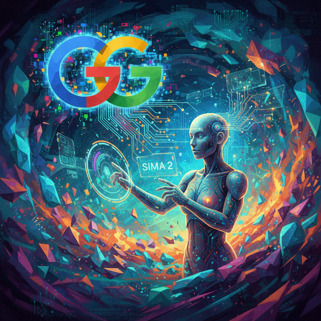 An artistic rendering of a stylized Google Gemini AI brain symbol, radiating lines of data and intelligence, connecting seamlessly with a humanoid AI agent (SIMA 2) immersed in a vibrant, abstract digital game world. The scene emphasizes collaboration and advanced processing, with a focus on smart data flow and a textured background. No text.