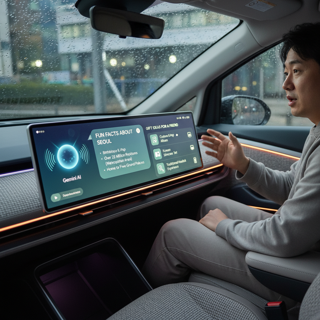 A car interior showing a Korean driver engaged in a voice conversation with the Gemini AI. The car display illustrates fun facts about a city and then transitions to gift ideas. The scene highlights seamless AI interaction for both information and brainstorming, with a clean UI and ambient car lighting. Textured background, no text.