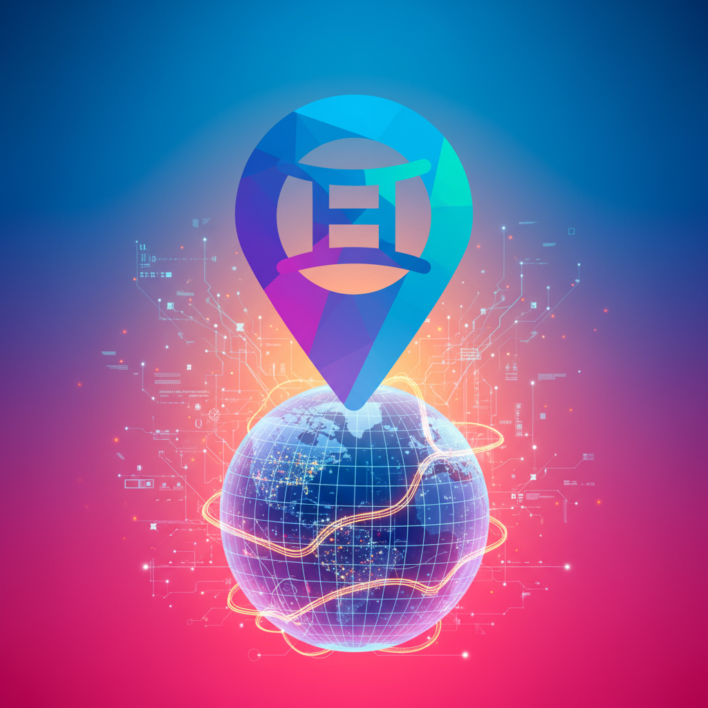 A dynamic, futuristic illustration depicting the integration of Gemini AI with Google Maps. The Gemini logo subtly merges with the Google Maps pin icon, surrounded by abstract data streams and connectivity lines, symbolizing intelligence and navigation. Style: high-tech, modern, with a vibrant gradient background. No visible text, bright and balanced lighting.