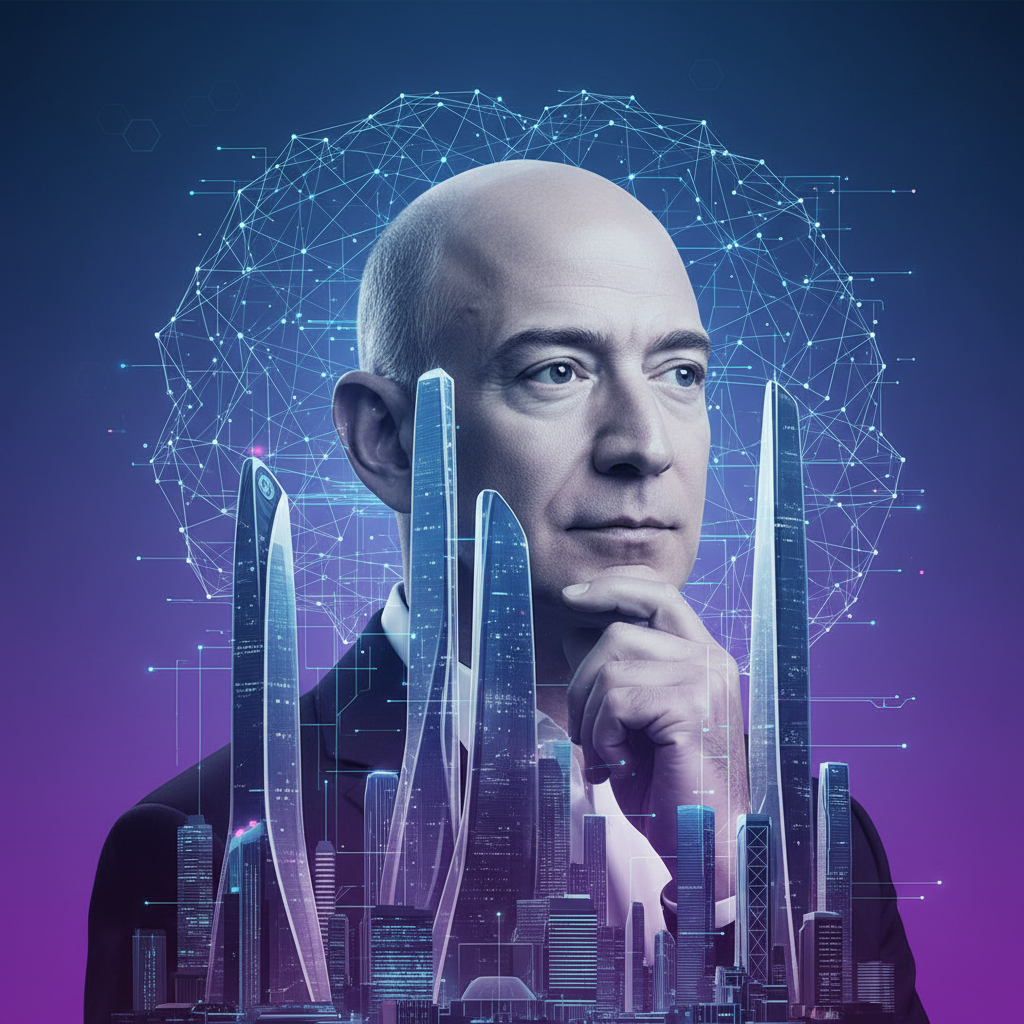 A clean infographic showing Jeff Bezos with a thoughtful expression, superimposed over a futuristic city skyline with digital network lines, hinting at a new AI venture. Modern layout, high contrast, subtle gradient background, no visible text.