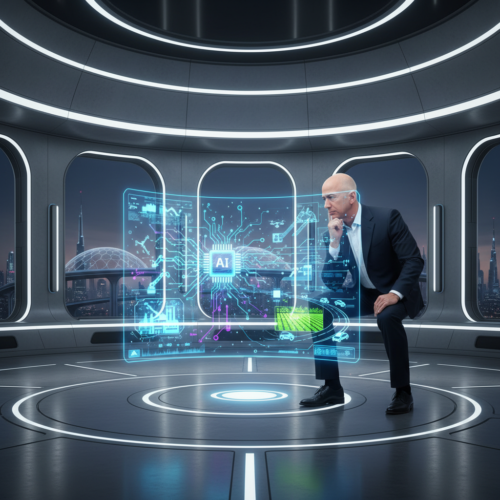 Jeff Bezos in a contemplative pose, observing a holographic display that projects various aspects of AI technology and its applications in the physical economy. The setting is futuristic and inspiring, with a focus on innovation and vision. Style: clean infographic, modern layout, high contrast. No text.