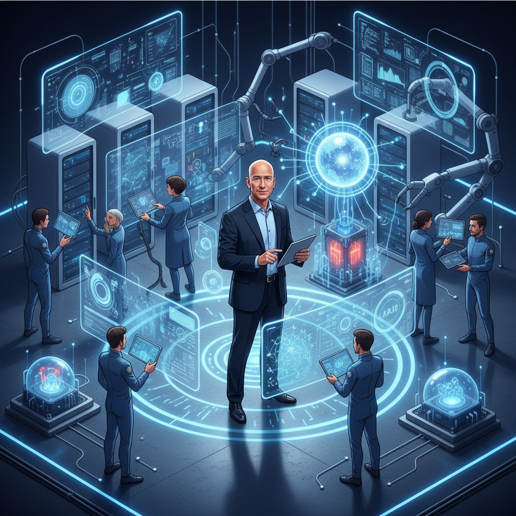 Jeff Bezos, a successful entrepreneur, is leading a new AI company called 'Project Prometheus.' He is shown in a modern, innovative office setting, surrounded by advanced AI technology and a team of researchers. The image conveys a sense of breakthrough and future technology. Style: clean infographic, modern layout, high contrast. No text.