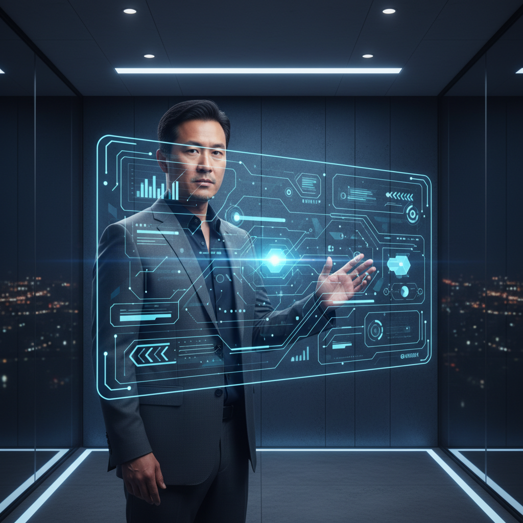 A professional man with a determined expression, resembling Jensen Huang, presenting a future vision on a holographic display. The background is a sleek, modern conference room with dynamic lighting. Style: clean infographic, modern layout, high contrast. Textured dark blue background, no empty margins. No visible text.