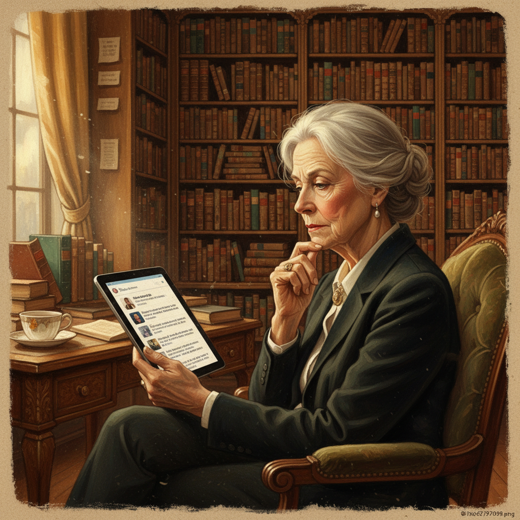 An elegant, aged author, resembling Joyce Carol Oates, is intently looking at a tablet displaying a series of tweets, with a thoughtful and critical expression. The background is a sophisticated study with bookshelves, emphasizing intellectual critique. Style: artistic rendering, textured background. No text.