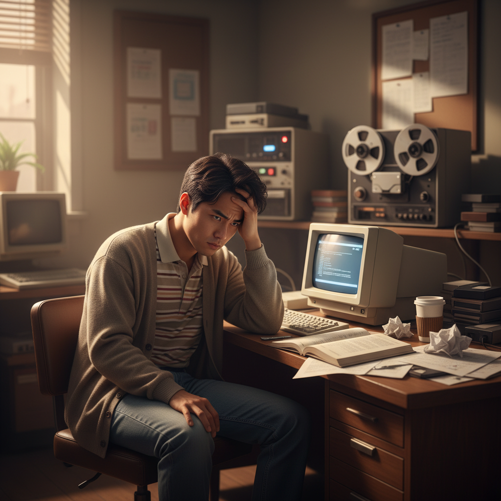 Young programmer in early 1980s sitting at desk with early Macintosh prototype, frustrated expression, papers scattered around, vintage office setting with warm lighting, retro computer equipment visible, wooden desk surface, soft focus background in muted tones, Korean appearance, casual 80s attire