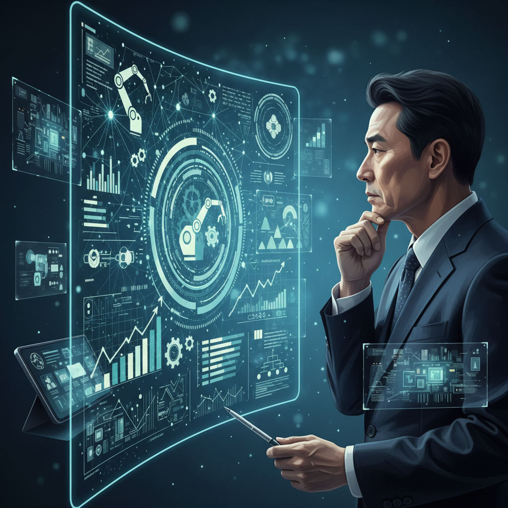 A stylized image of a Korean government official looking at a large digital screen displaying complex data related to robotics and national economic plans, conveying a strategic and contemplative mood. The background subtly features elements of advanced technology and policy documents. No visible text.