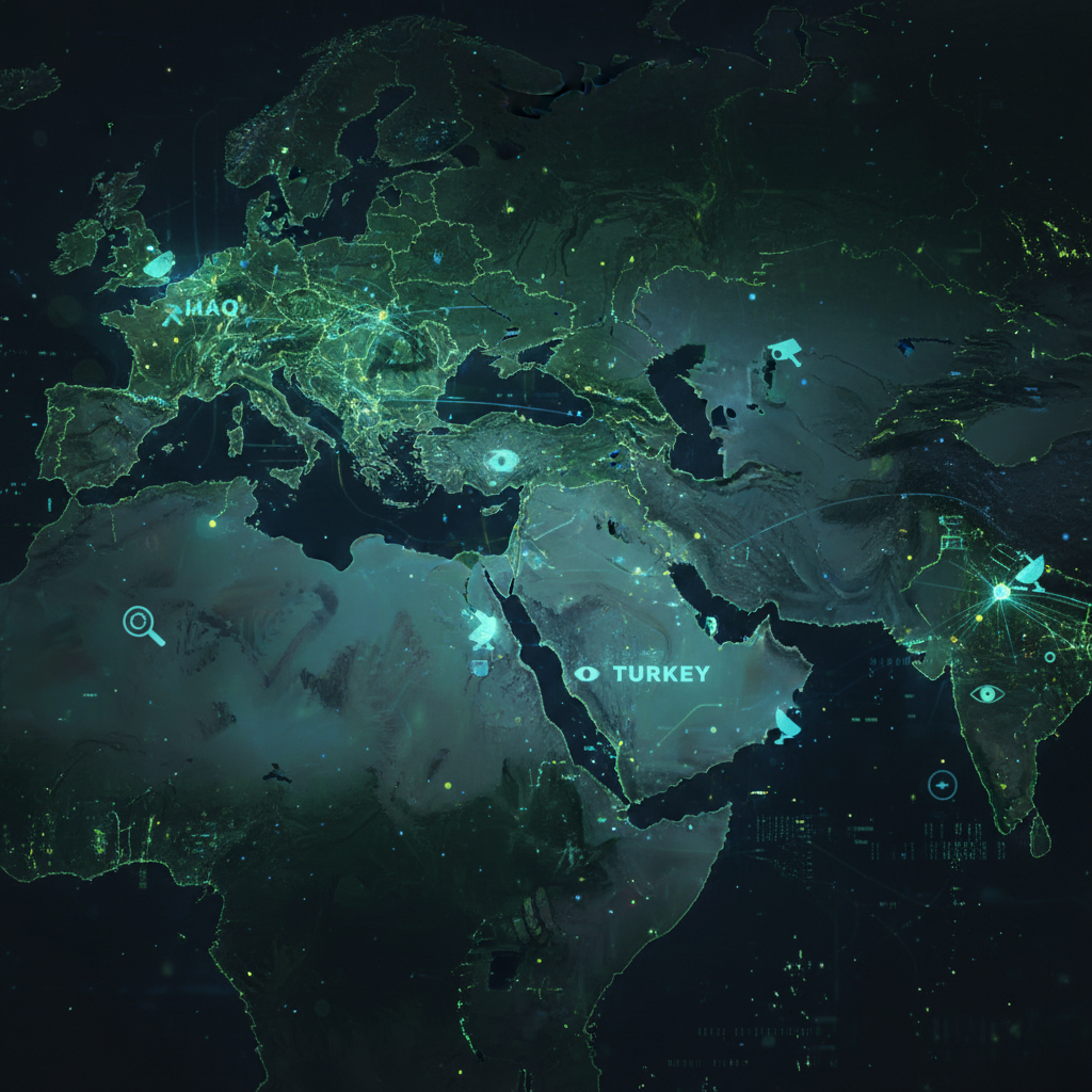 A dark atmospheric illustration showing Middle East region map with glowing network connections and surveillance icons, digital espionage theme, Iraq Iran Turkey Morocco highlighted, cyber intelligence concept, moody lighting with green and blue hues, no text