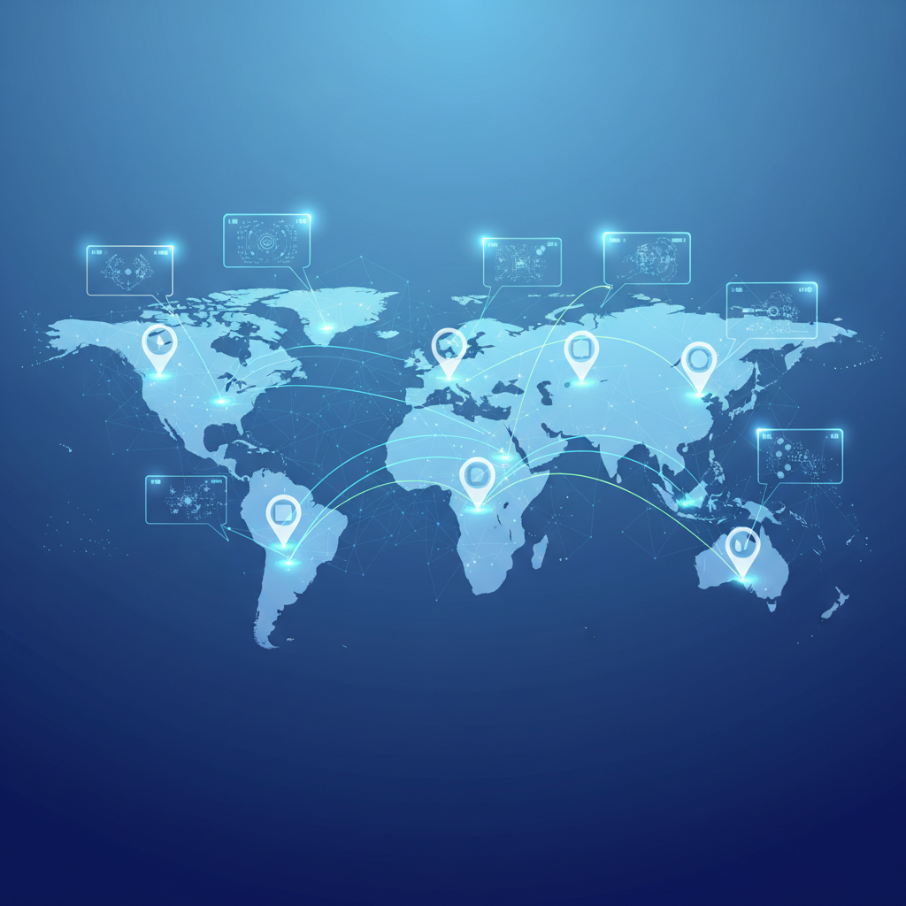 A clean infographic showing a world map with various interactive elements like pins, lines, and pop-up windows, all connected by subtle glowing lines. The style is modern layout, high contrast, with a gradient blue background. No text.
