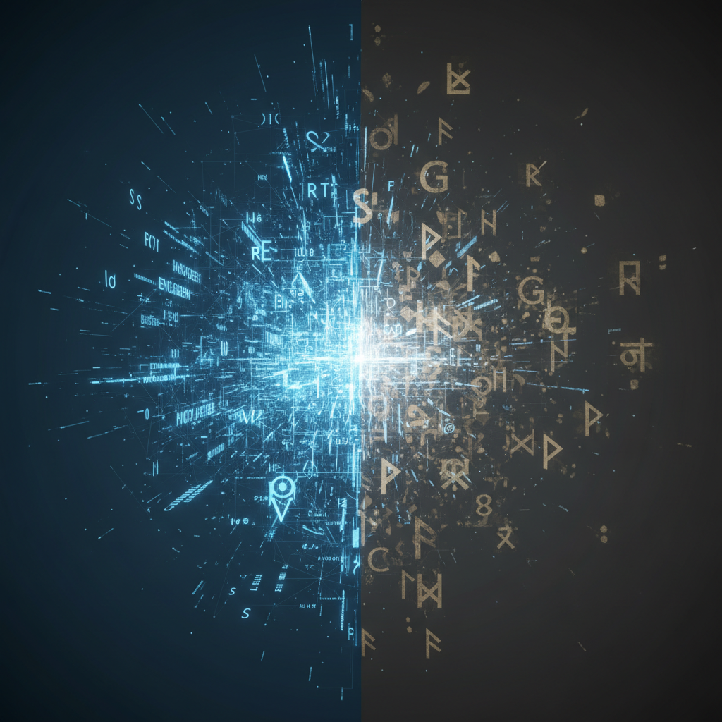 An infographic illustrating a stark contrast between digital and traditional knowledge. One side shows a vast, glowing network of English text and symbols, while the other side depicts fragmented, fading symbols of various non-English languages and traditional wisdom, surrounded by shadows. Style: clean infographic, modern layout, high contrast. No text.