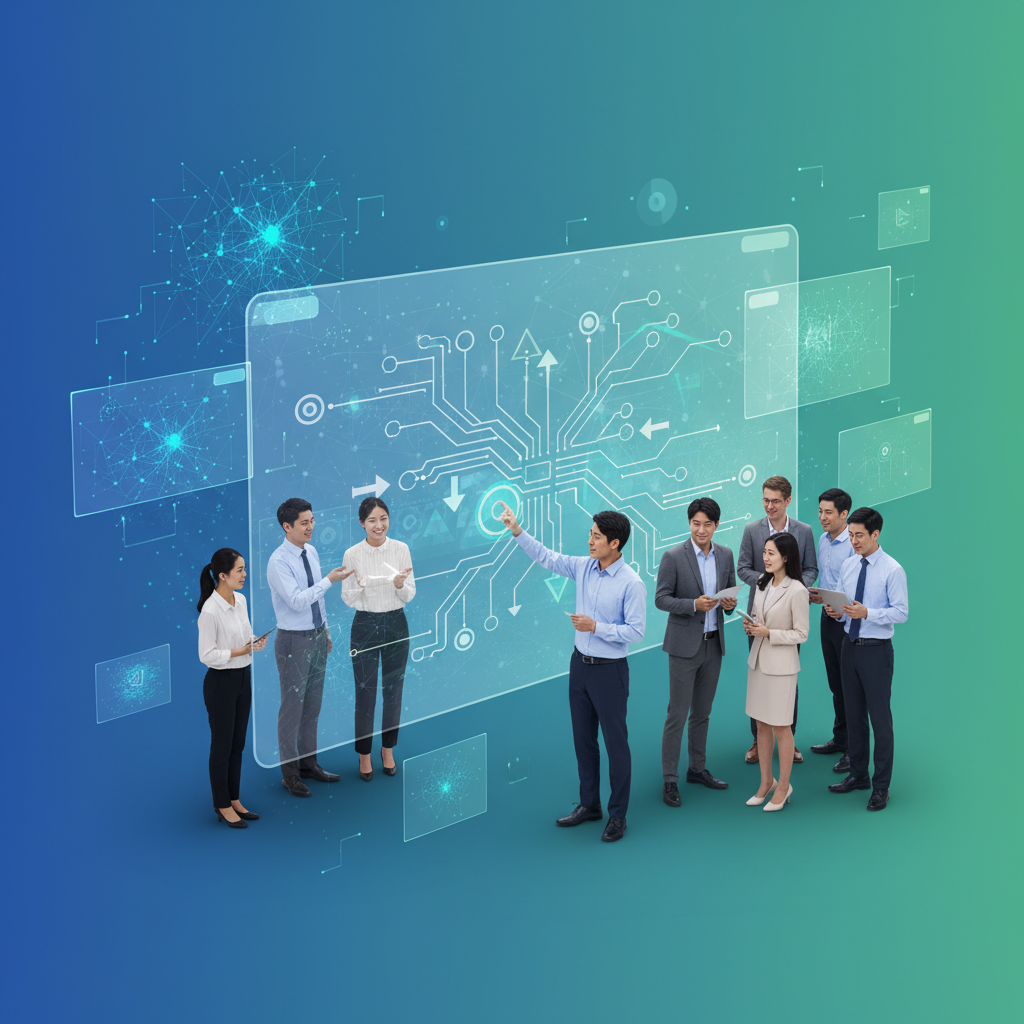 clean infographic, modern layout, high contrast. Diverse Korean appearance Target employees in an office setting, collaboratively working with a large screen displaying complex supply chain data and streamlined store processes, subtly augmented by AI interfaces. Emphasize teamwork and efficiency. Blue and green gradient background. No text.