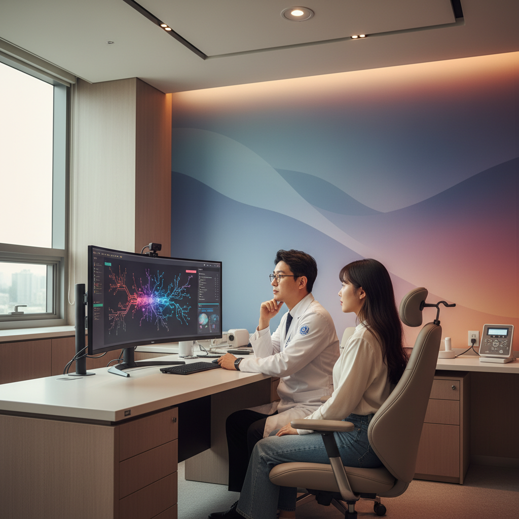 Modern medical examination room with Korean doctor looking at computer screen while patient sits nearby, AI interface displayed on monitor, warm ambient lighting, professional healthcare setting, realistic lifestyle photography, colored gradient background, natural indoor lighting, no text