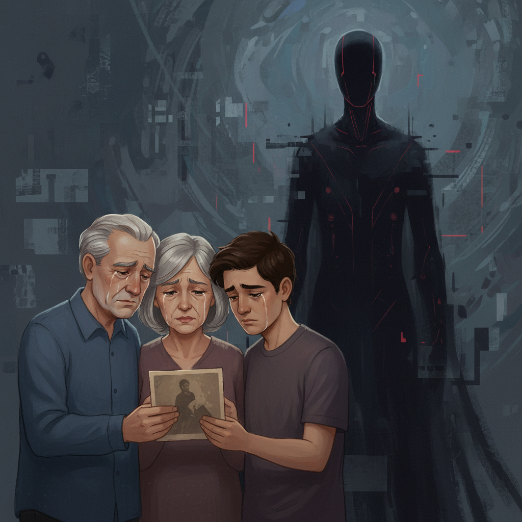A poignant illustration of a family mourning naturally, perhaps holding hands or looking at a photo, contrasted with a shadowy, faceless AI figure in the background. Artistic rendering, rich, emotional colors, textured background. No visible text.