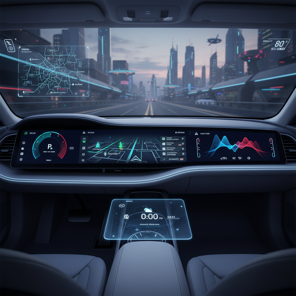 A futuristic concept car dashboard seamlessly integrated with Google Maps, displaying various smart features beyond lane guidance. Show a clean, minimalist design. Style: clean infographic, no text.