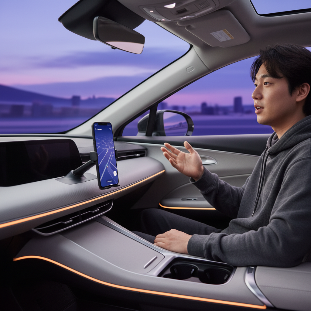 Car interior dashboard view with smartphone mounted showing navigation app, driver using voice commands, warm ambient lighting, modern car design, Korean person in driver seat, natural gesture, gradient purple and blue background, lifestyle photography style, no text visible