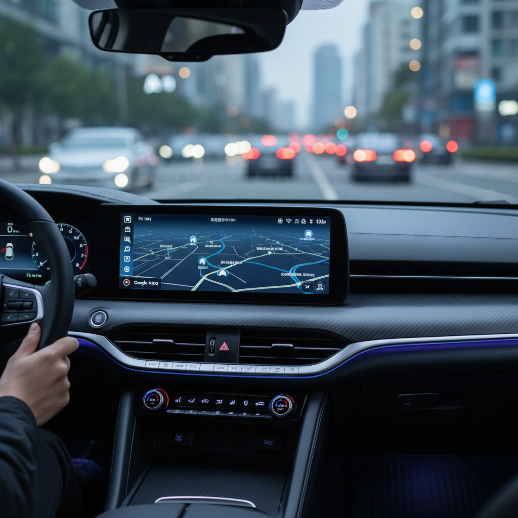 Modern car dashboard with built-in navigation system displaying AI-powered Google Maps, sleek digital interface, driver perspective view, evening ambient lighting, Korean driver, realistic car interior, gradient dark blue background, high-tech atmosphere, clean design, no visible text