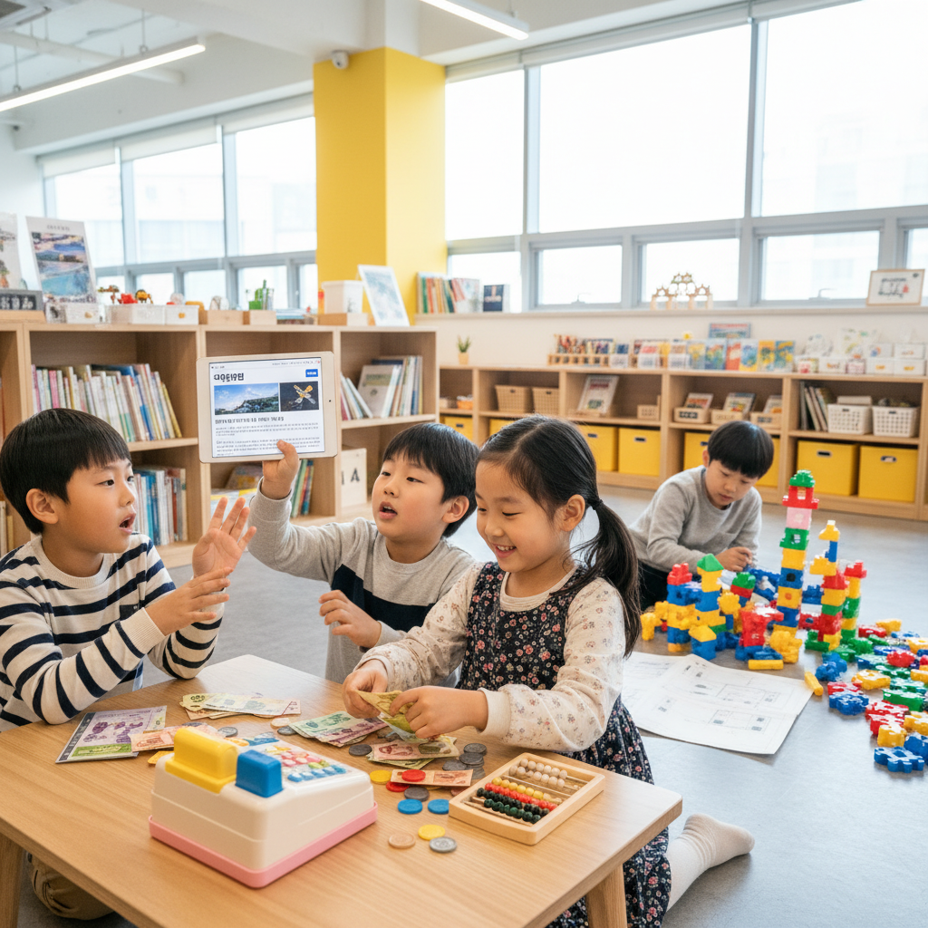 A vibrant lifestyle photography image showing a diverse group of Korean children engaged in various creative and practical activities. One child is managing toy money, another is discussing a news article, and a third is building something with blocks. The scene is bright and engaging, emphasizing curiosity and learning. No text.