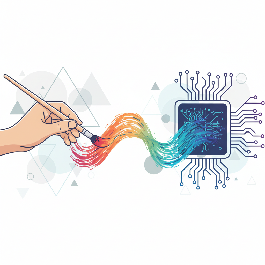 An infographic illustrating the blurred lines between human creativity and artificial intelligence. On one side, a hand holding a paintbrush; on the other, a stylized circuit board. A flowing, gradient line connects them, representing the evolving boundary. The background is a clean, modern design with geometric shapes. Style: clean infographic, modern layout, high contrast. No visible text, centered focus, visually rich, no empty margins, bright, balanced lighting.
