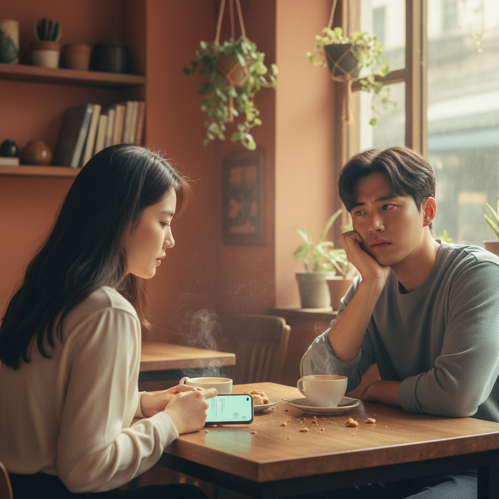 A young Korean couple on a date, one person secretly using a smartphone with a faint ChatGPT interface glow, while the other looks slightly annoyed or disconnected. Soft, natural lighting in a cafe setting, lifestyle photography, subtle disappointment, warm colors, no text, textured background.