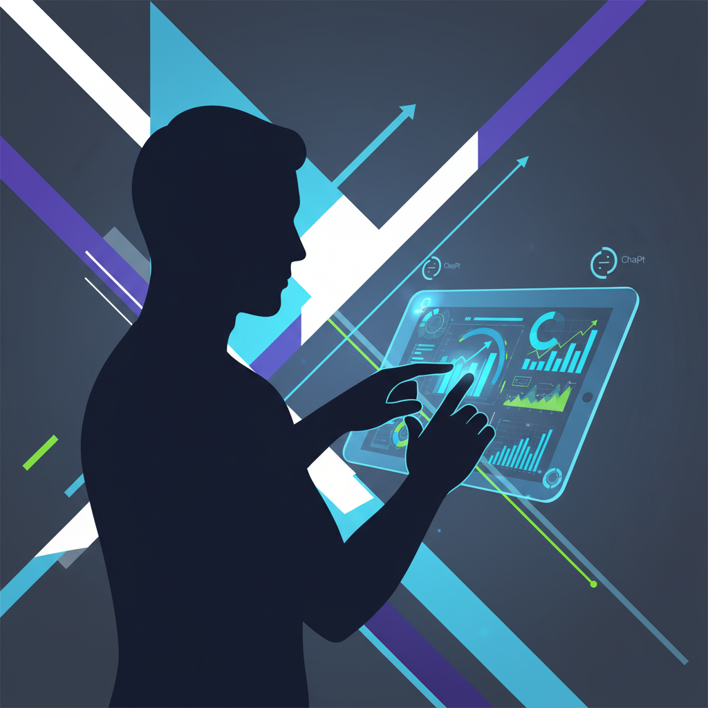 A dynamic, clean infographic showing a person interacting with a futuristic financial app on a tablet, with ChatGPT logos subtly integrated. Modern layout, high contrast. No text.