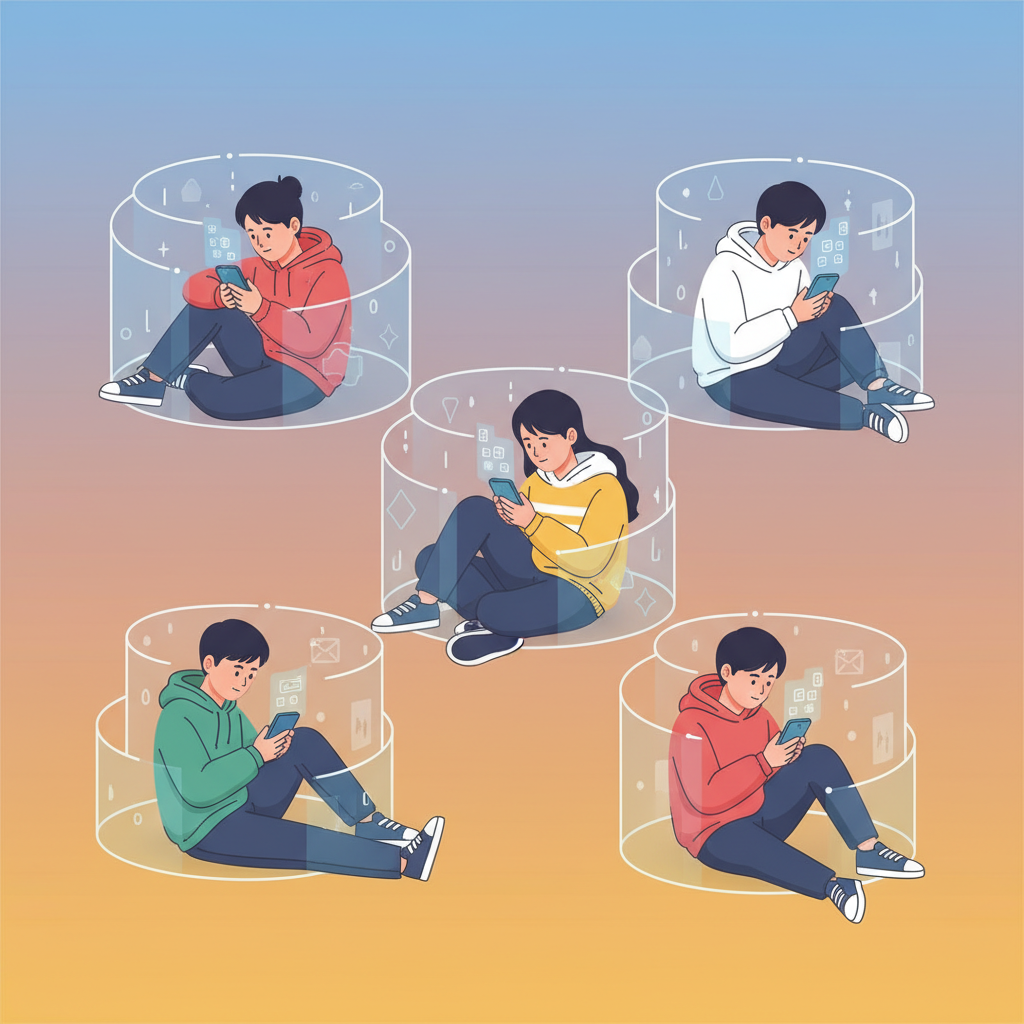 A clean infographic illustration showing Korean teenagers using smartphones, with abstract protective barriers around them, symbolizing safety and regulation. Style: modern layout, high contrast, gradient background. No visible text.