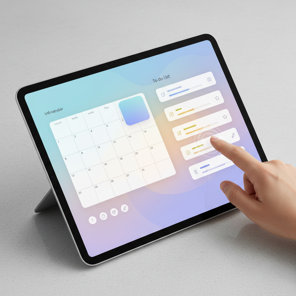 A modern infographic displaying a calendar and a to-do list interface on an iPad. The design emphasizes organization and task management with clean icons and a bright, structured layout. A person's hand is subtly interacting with the screen. No visible text on UI elements. Gradient background.